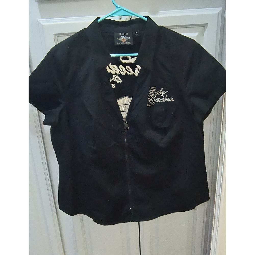 Harley-Davidson Women's 1W Plus Short Sleeve Zip Front Shirt Black Embroidered